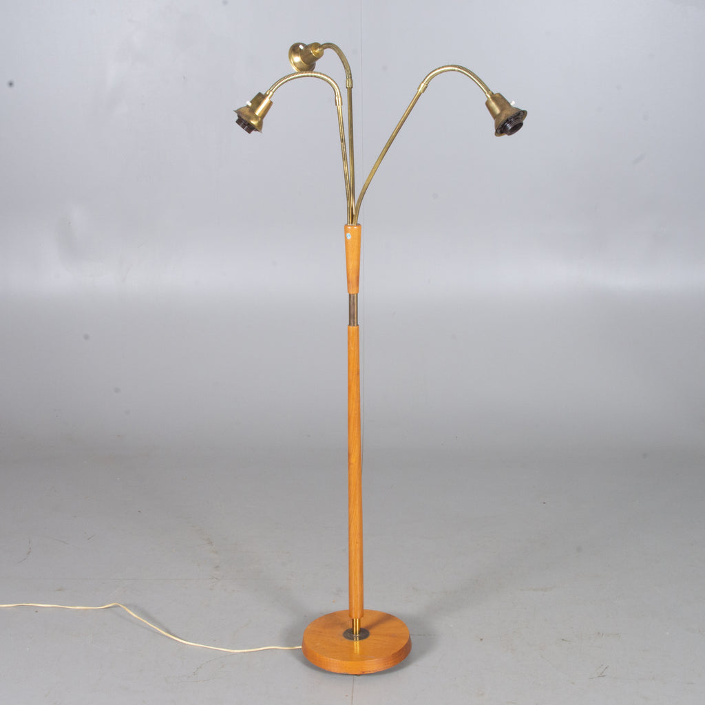 ÖEA, Floor Lamp, Floor lamp with 3 flexible arms in teak and brass. Sweden